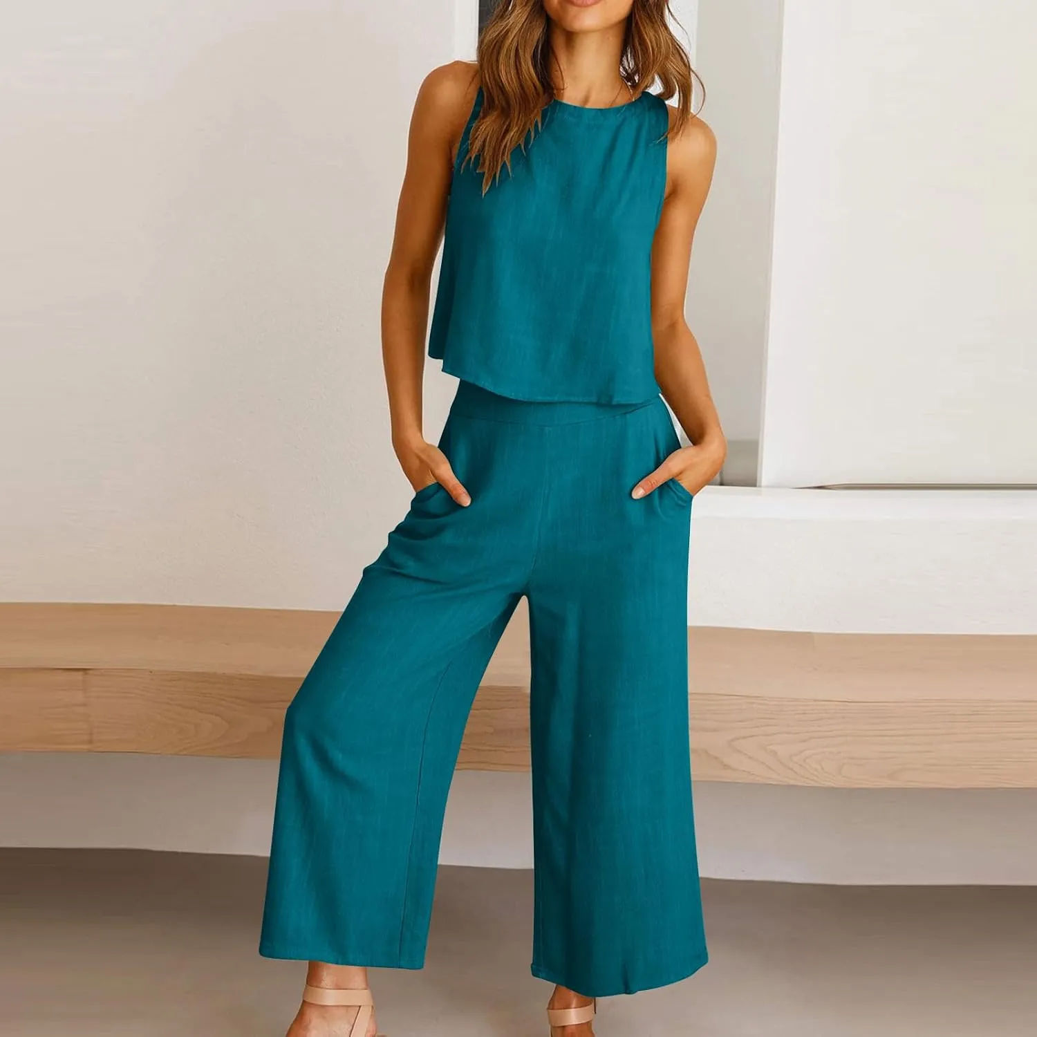 Womens Cotton Linen 2 Piece Outfits Sleeveless Crop Tank Tops Wide Leg Pants Set Casual Beach Travel Sets