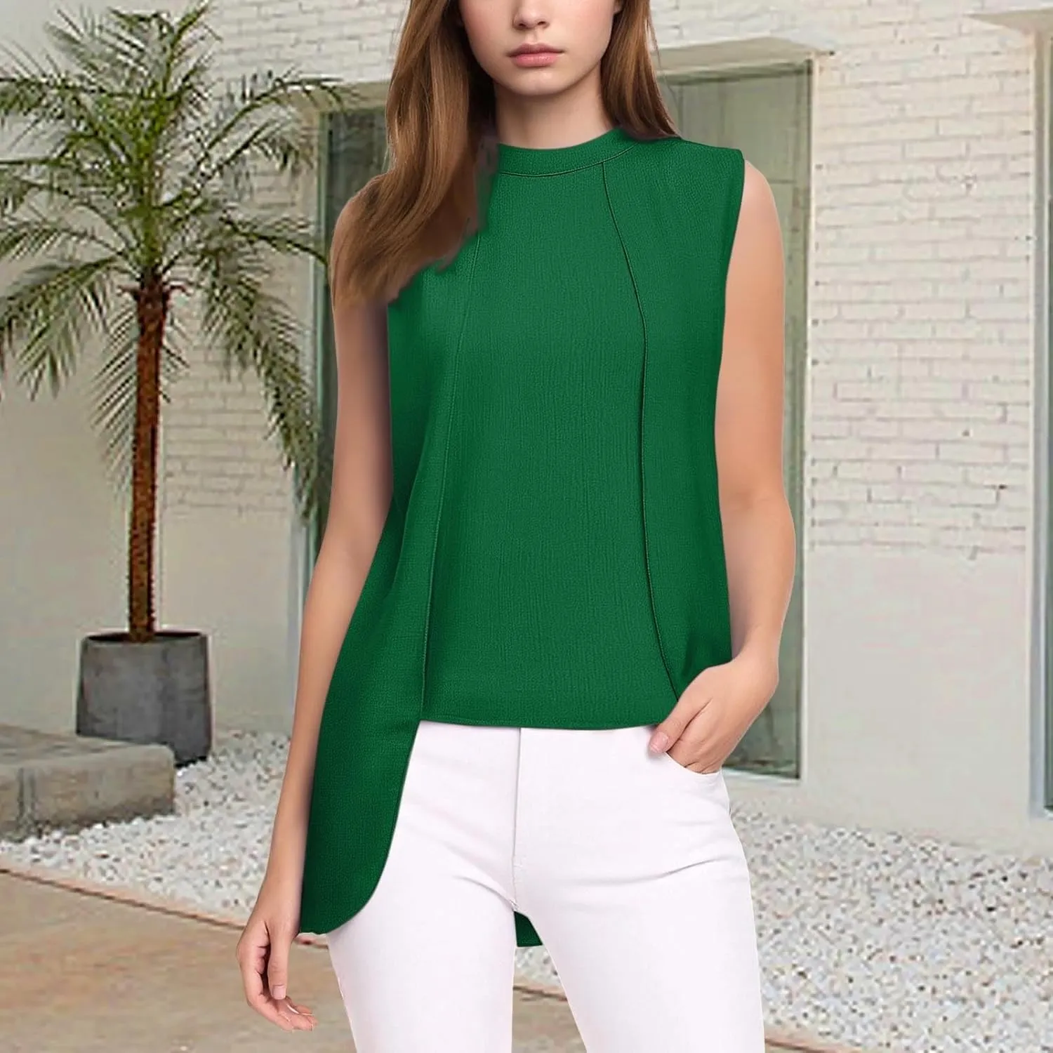 Women's Crew Neck Sleeveless Casual Tank Tops Summer Irregular Going Out Tank Tops Slim Solid Color Trendy