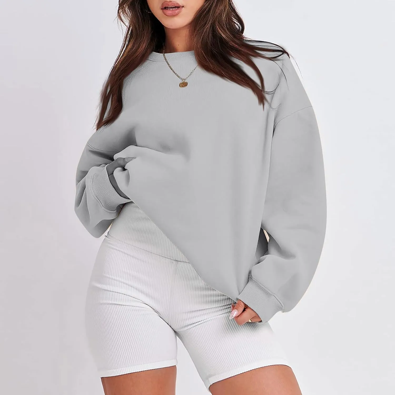 Women's Crewneck Sweatshirts 2024 Womens Fashion Long Sleeve Solid Colour Loose Fit Pullover Sweatshirt Tops