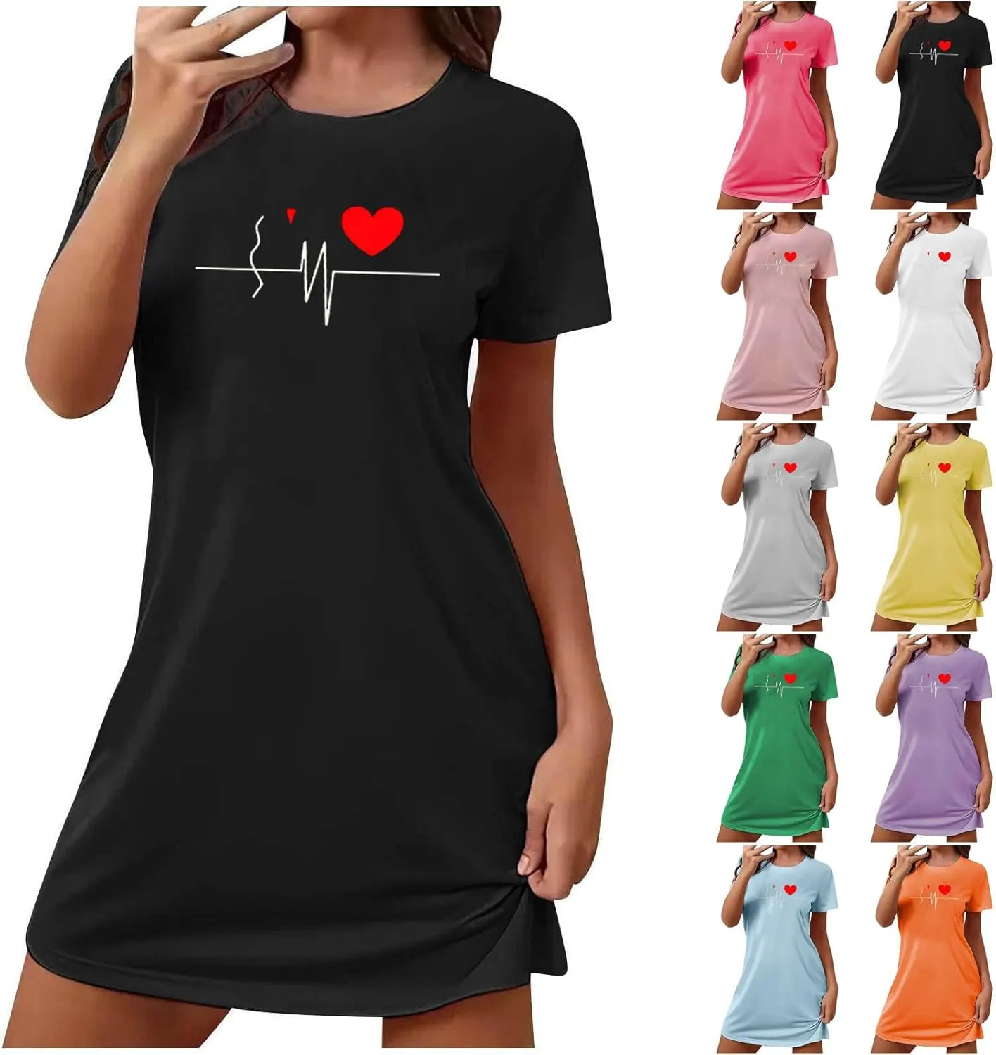 Women's Heart Printed Nightgown Short Sleeve Loose Sleepshirt Crew Neck Cute T Shirt Pullover Pajamas Dress Sleepwear