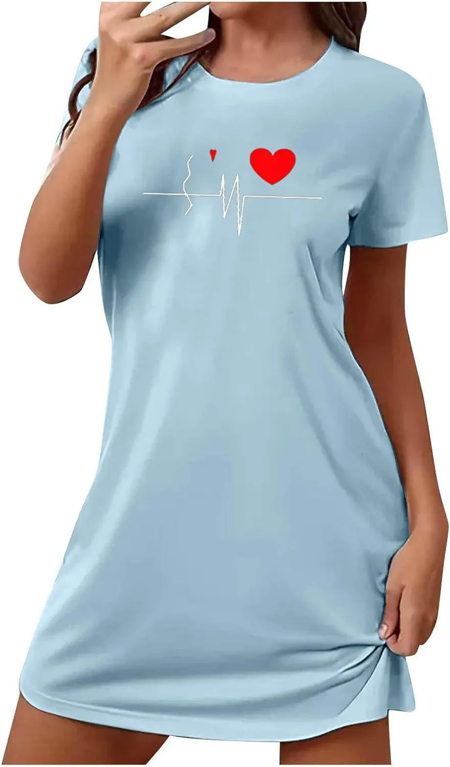 Women's Heart Printed Nightgown Short Sleeve Loose Sleepshirt Crew Neck Cute T Shirt Pullover Pajamas Dress Sleepwear