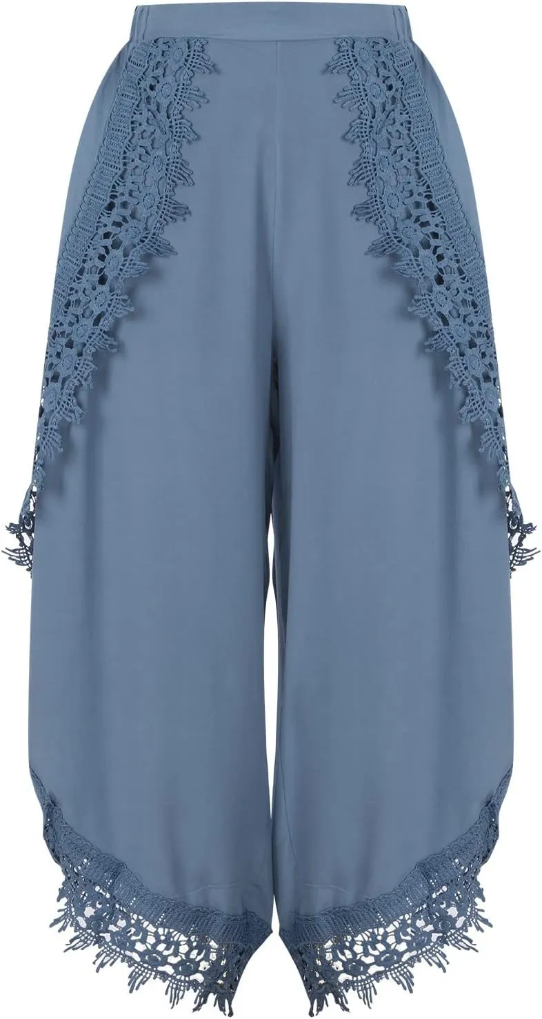 Women's High Waist Lace Trim Chiffon Wide Leg Pants Casual Hippie Bohemian Pilate Culottes Baggy Harem Palazzo Pants