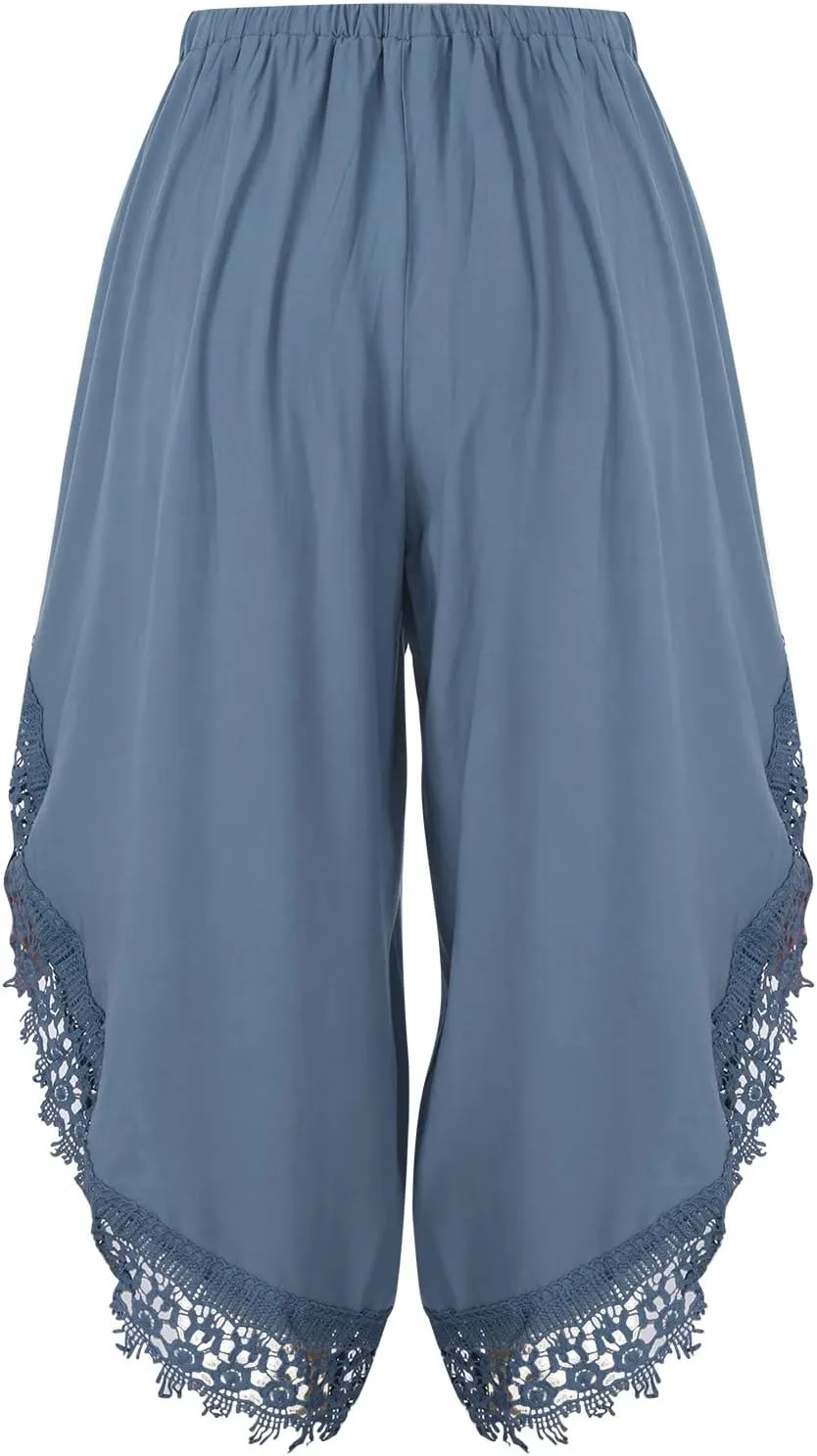 Women's High Waist Lace Trim Chiffon Wide Leg Pants Casual Hippie Bohemian Pilate Culottes Baggy Harem Palazzo Pants
