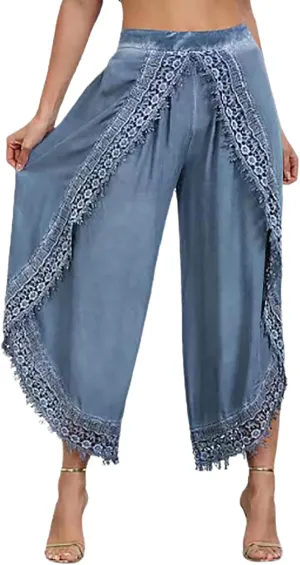 Women's High Waist Lace Trim Chiffon Wide Leg Pants Casual Hippie Bohemian Pilate Culottes Baggy Harem Palazzo Pants