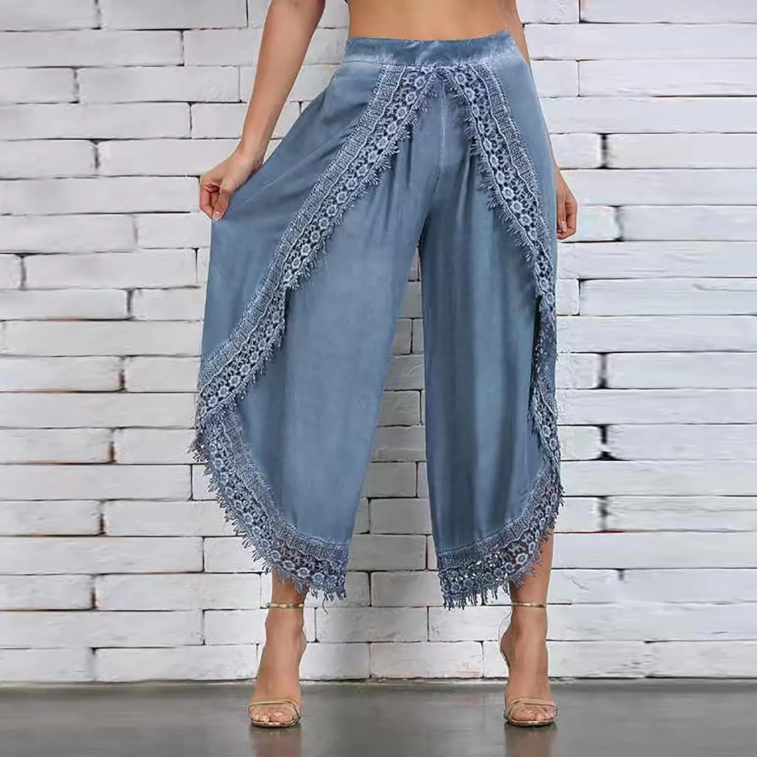 Women's High Waist Lace Trim Chiffon Wide Leg Pants Casual Hippie Bohemian Pilate Culottes Baggy Harem Palazzo Pants