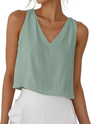 Womens Linen Crop Tank Tops Cute Summer Sleeveless Cropped Cotton Linen Tops Dressy Scoop Neck Camisole Tops