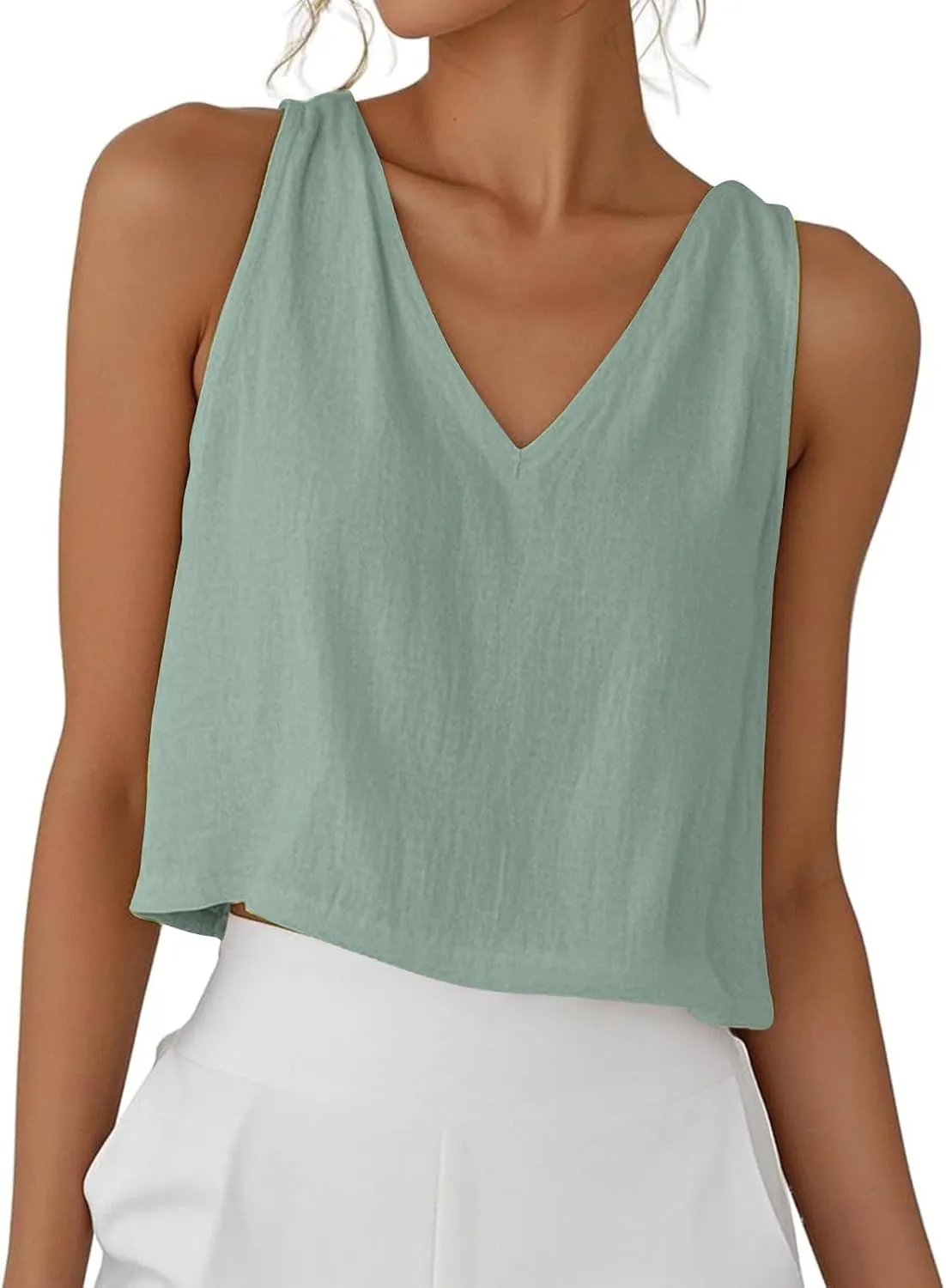 Womens Linen Crop Tank Tops Cute Summer Sleeveless Cropped Cotton Linen Tops Dressy Scoop Neck Camisole Tops
