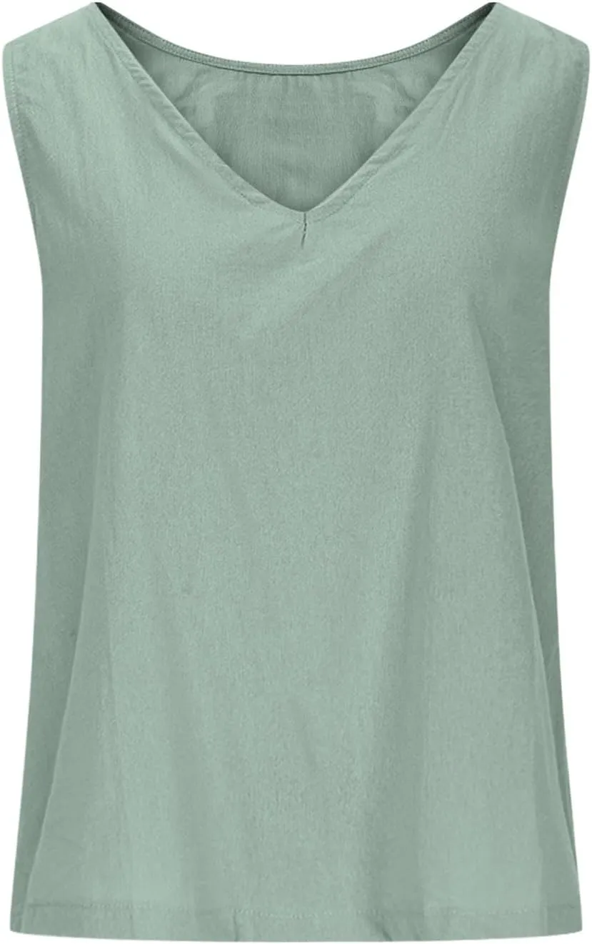 Womens Linen Crop Tank Tops Cute Summer Sleeveless Cropped Cotton Linen Tops Dressy Scoop Neck Camisole Tops