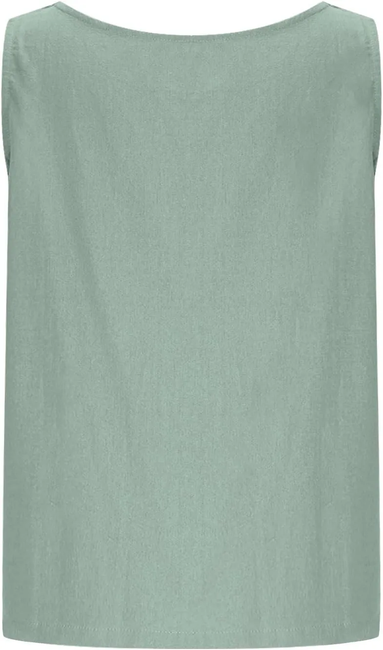Womens Linen Crop Tank Tops Cute Summer Sleeveless Cropped Cotton Linen Tops Dressy Scoop Neck Camisole Tops