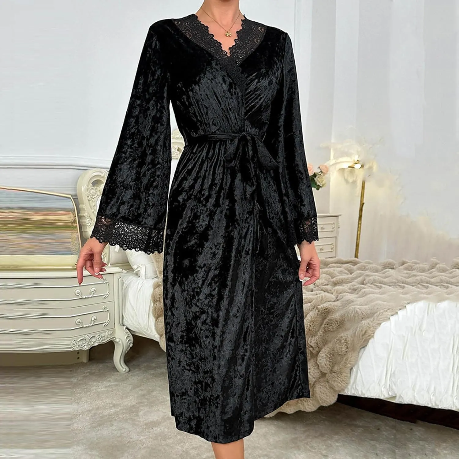 Women's Long Velvet Lace Robe Robes Soft Comfort Warm Belted Bathrobe Dressy Loose Fit Sleepwear Nightgown Homewear