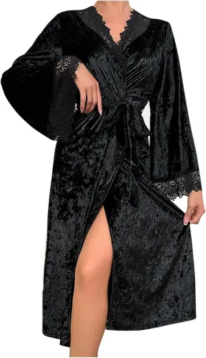 Women's Long Velvet Lace Robe Robes Soft Comfort Warm Belted Bathrobe Dressy Loose Fit Sleepwear Nightgown Homewear