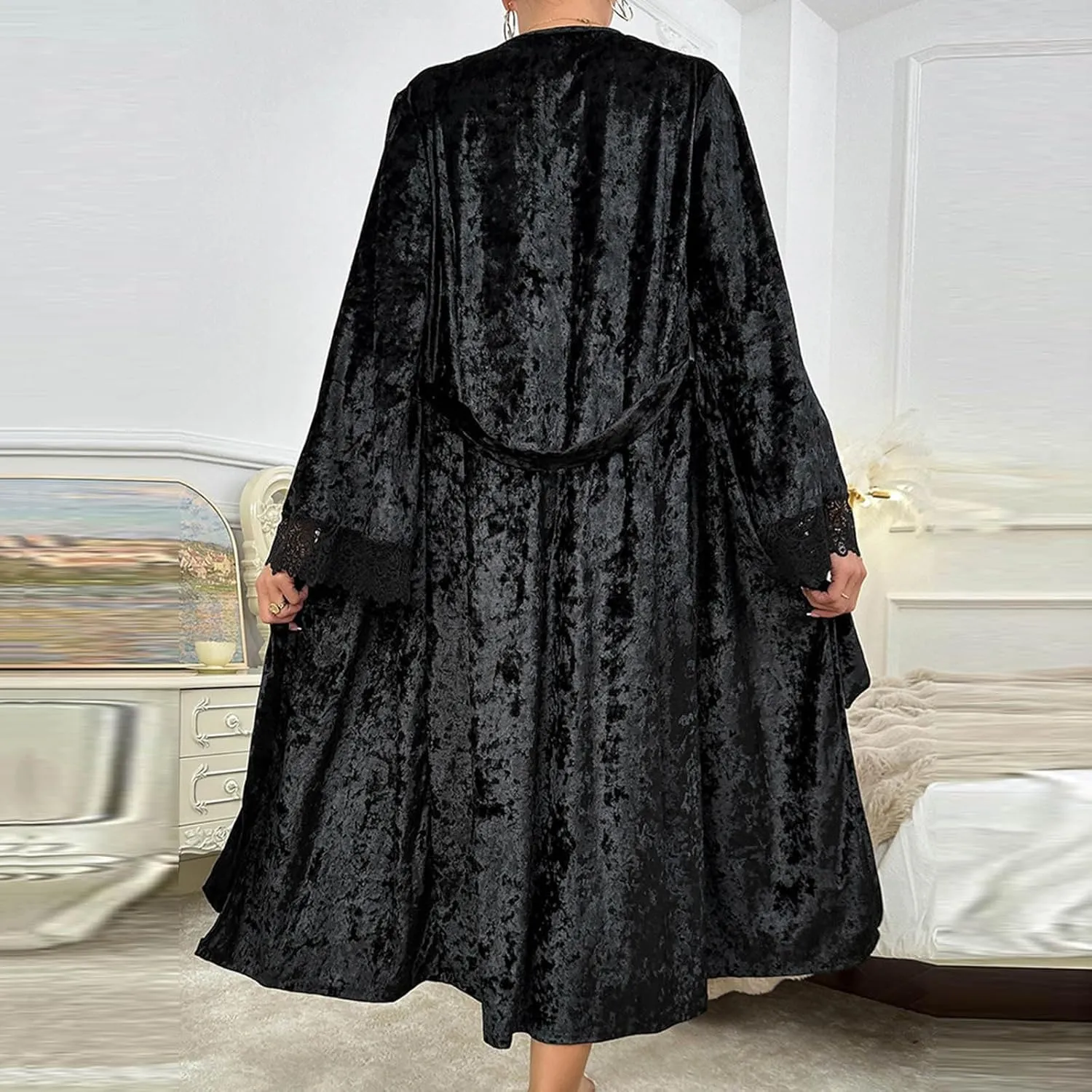 Women's Long Velvet Lace Robe Robes Soft Comfort Warm Belted Bathrobe Dressy Loose Fit Sleepwear Nightgown Homewear