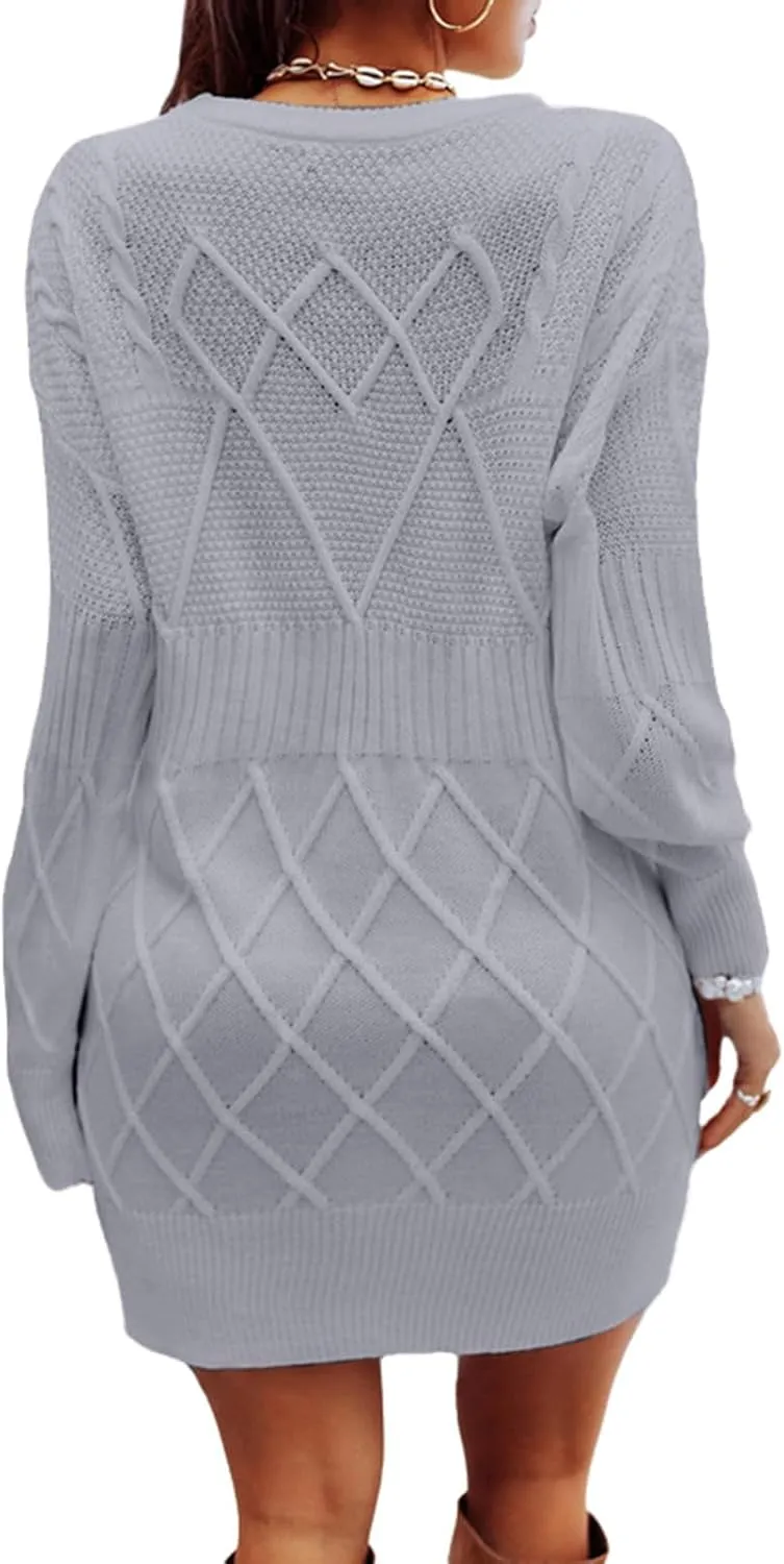 Womens Midi Dresses Bodycon Sweater Fashion V Neck Slim Waist Sweater Dress Cable Knit Chunky Pullover Jumper Top