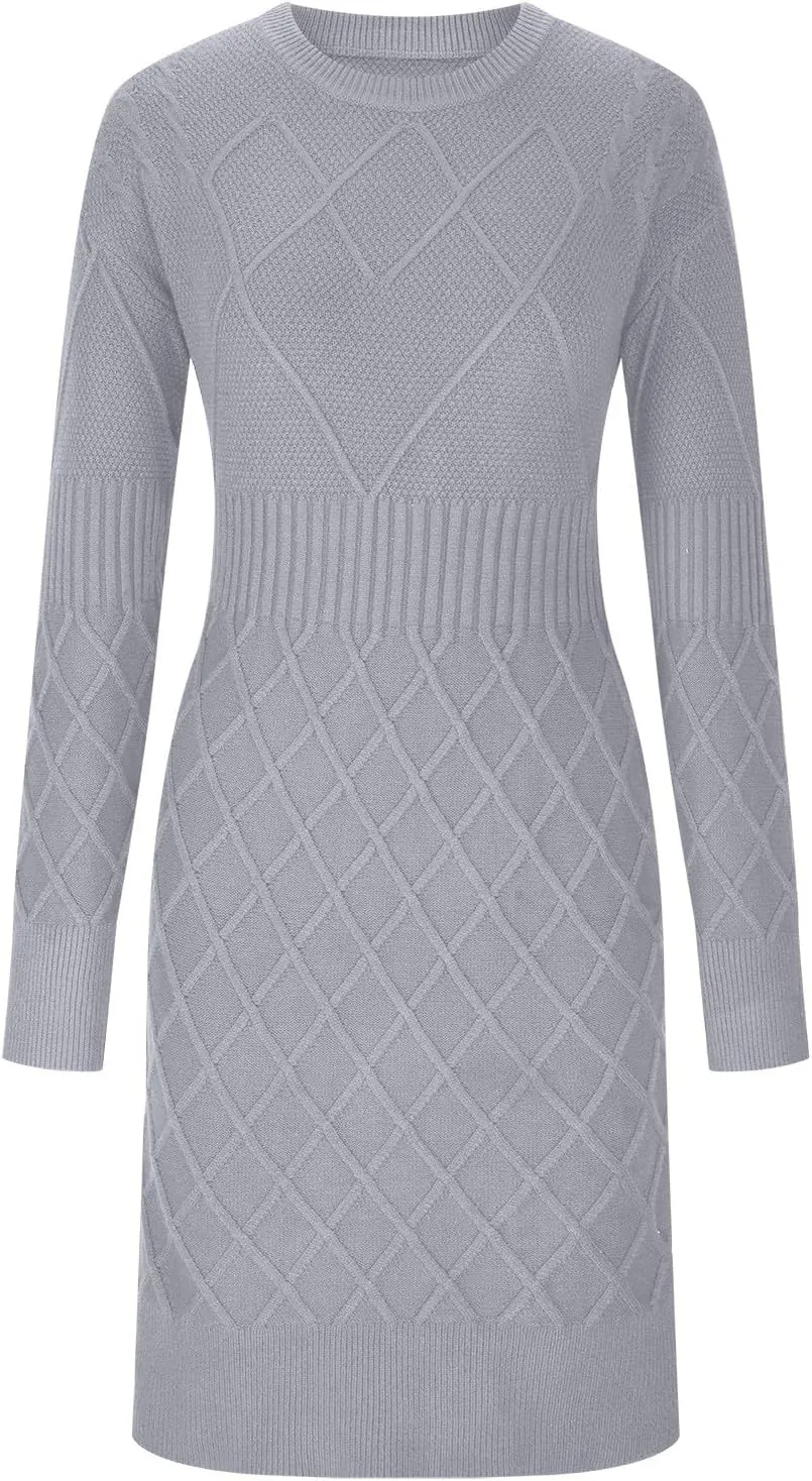 Womens Midi Dresses Bodycon Sweater Fashion V Neck Slim Waist Sweater Dress Cable Knit Chunky Pullover Jumper Top