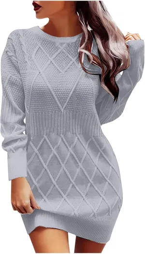 Womens Midi Dresses Bodycon Sweater Fashion V Neck Slim Waist Sweater Dress Cable Knit Chunky Pullover Jumper Top