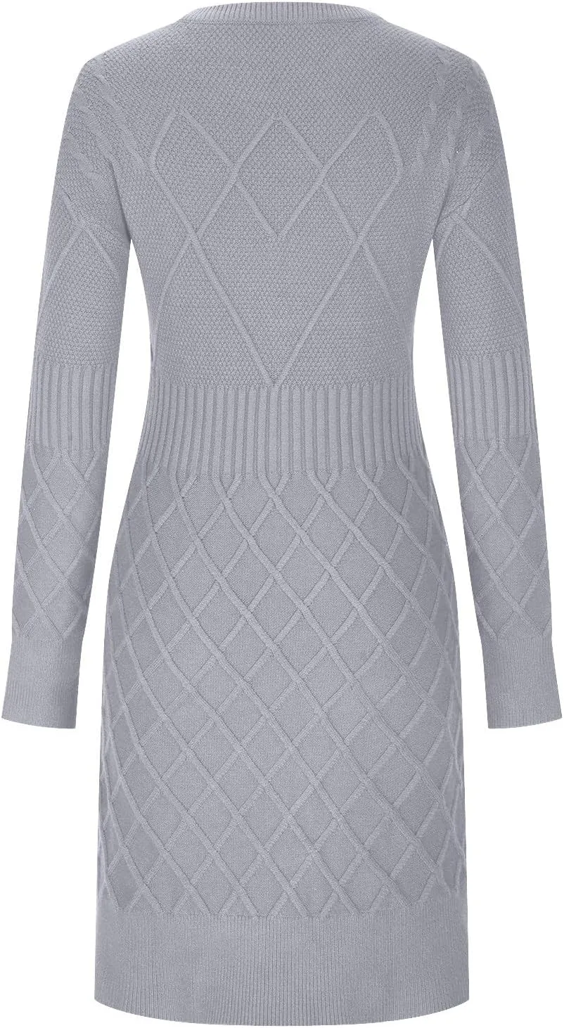 Womens Midi Dresses Bodycon Sweater Fashion V Neck Slim Waist Sweater Dress Cable Knit Chunky Pullover Jumper Top