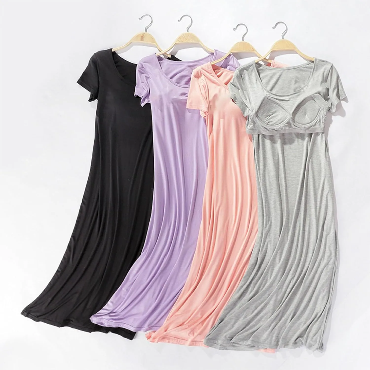 Women's Nightgown Soft Modal Sleep Dress Summer Short Sleeve Loose Comfy Sleepwear with Built in Shelf Bra