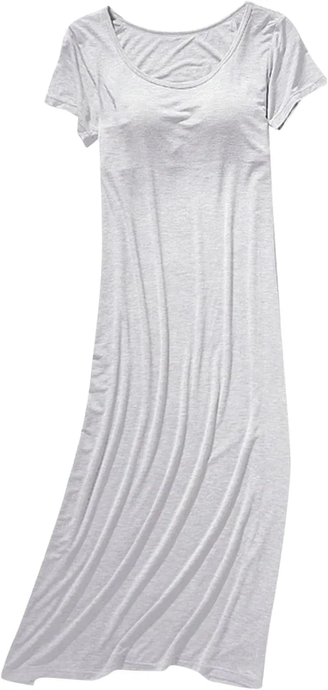 Women's Nightgown Soft Modal Sleep Dress Summer Short Sleeve Loose Comfy Sleepwear with Built in Shelf Bra