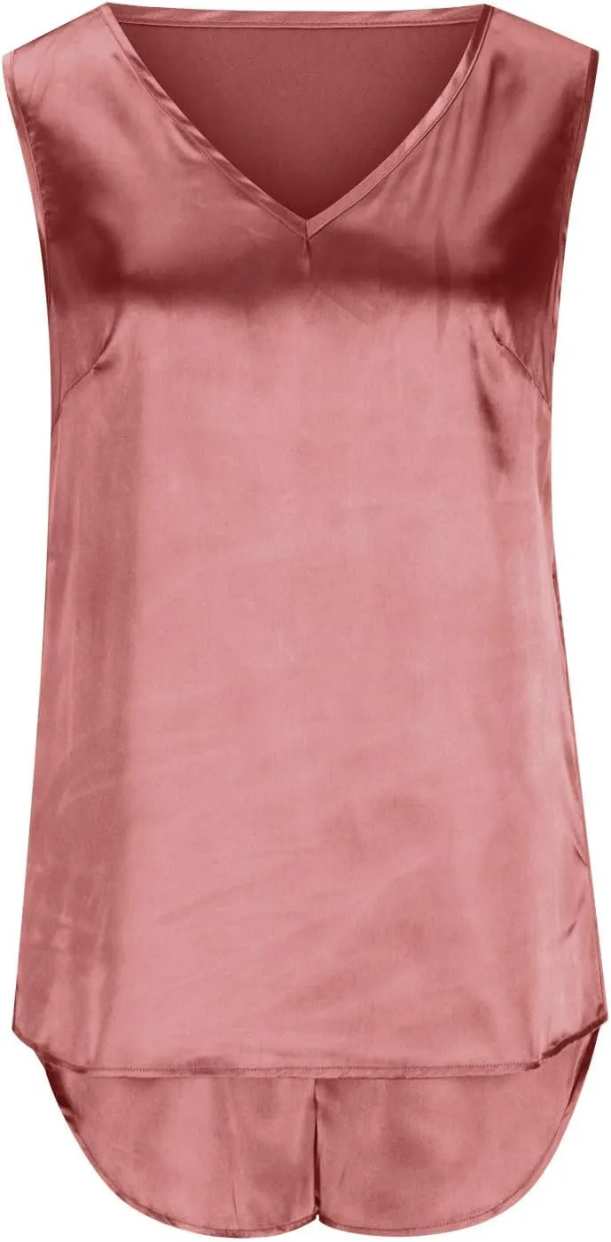 Womens Pajama Sets 2 Piece Soft Satin Tank Top and Shorts Sleepwear Summer Sleeveless V-Neck Nightgown Outfits S-XXL