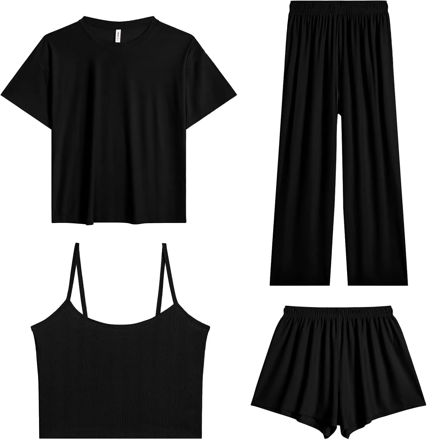 Women's Pajamas Set - Ice Silk Four-Piece Pajama Set Sexy Pajamas Loungewear (SmallBlack