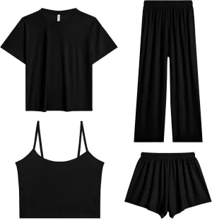 Women's Pajamas Set - Ice Silk Four-Piece Pajama Set Sexy Pajamas Loungewear (SmallBlack