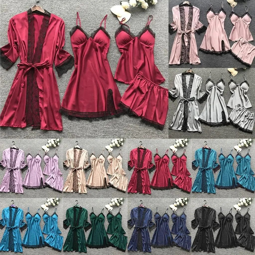 Women's Satin Pajama Set 4PCS Floral Lace Trim Sleepwear Soft Comfy Lingerie Underwear Sexy Nightgown with Robes