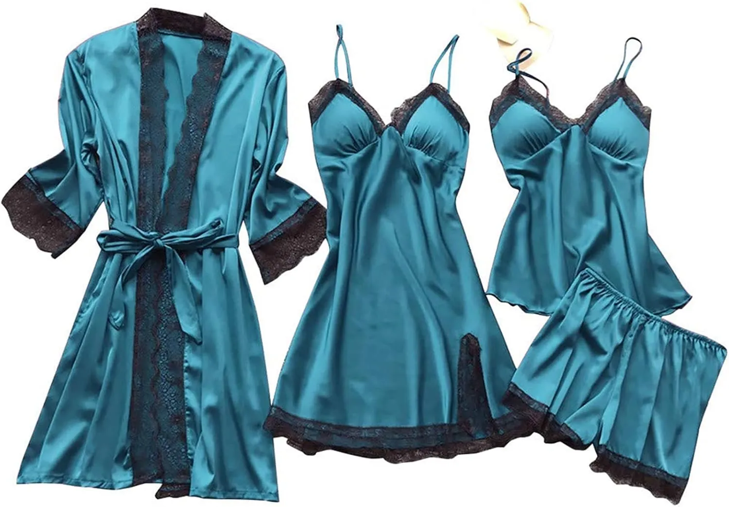 Women's Satin Pajamas Sets 4Pcs Nightgown Robe Set Floral Lace Lingerie Cami Shorts Sleepwear Nightdress Fashion