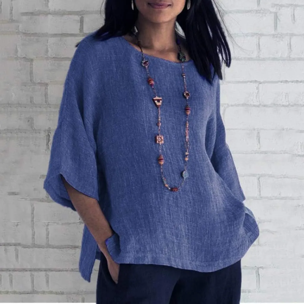 Womens Shirts Casual Summer Crew Neck Elbow Length Sleeve Blouses Loose Fitting Linen Tops Ladies Trendy Clothes 2025