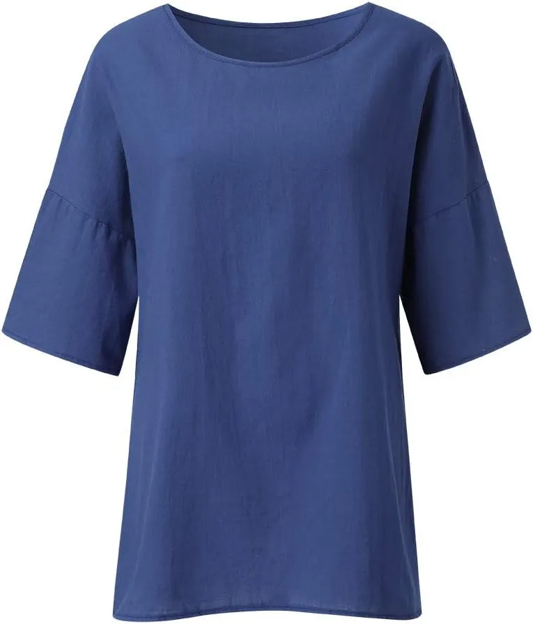 Womens Shirts Casual Summer Crew Neck Elbow Length Sleeve Blouses Loose Fitting Linen Tops Ladies Trendy Clothes 2025