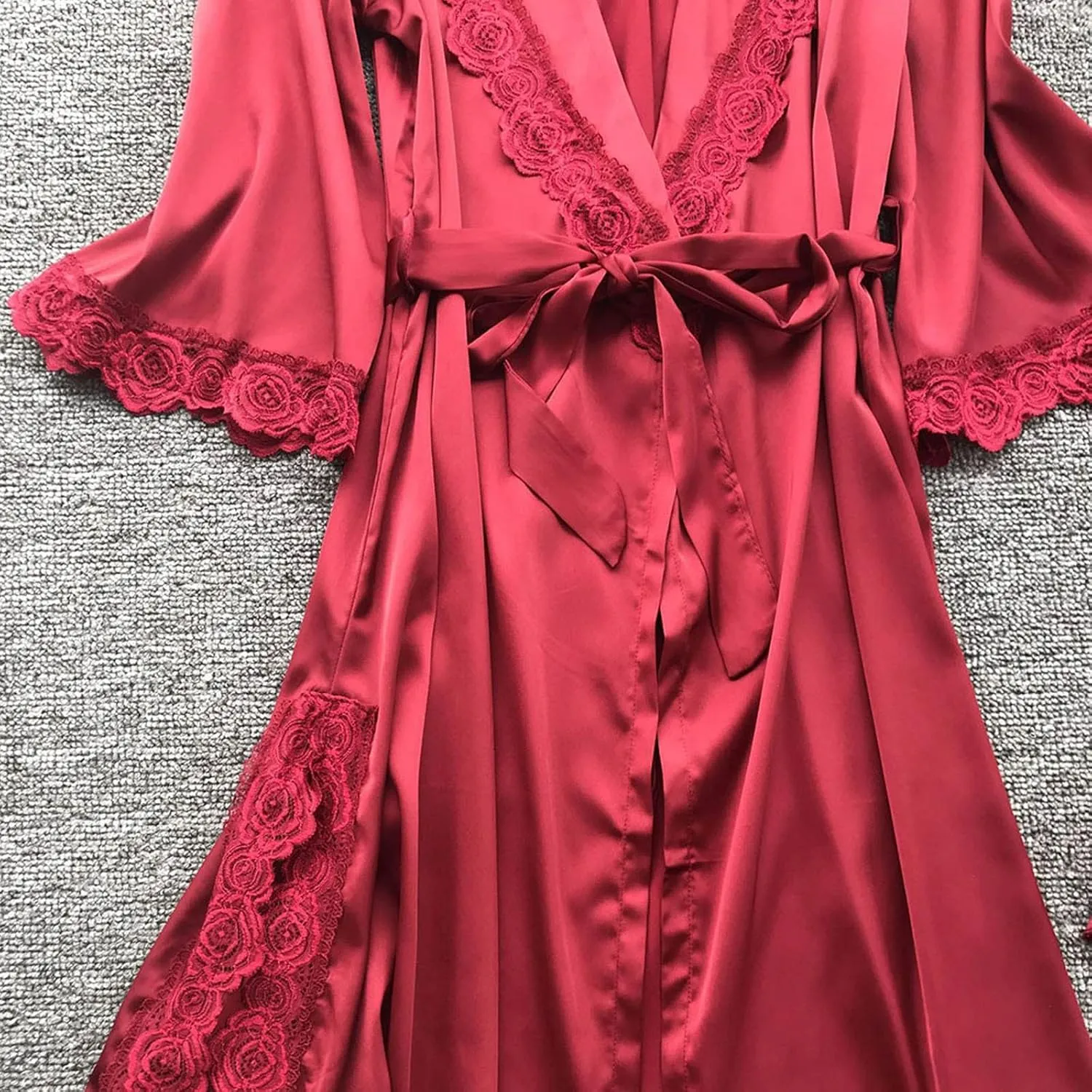Womens Silk Satin Pajamas Set 4PCS Lace Trim Camisole Top and Shorts Pjs Set Robes with Nightgown Sleepwear Soft Cozy