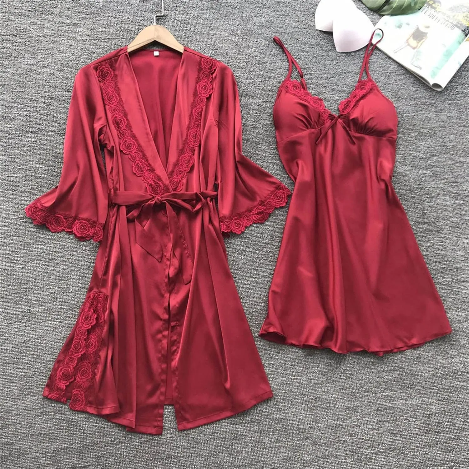 Womens Silk Satin Pajamas Set 4PCS Lace Trim Camisole Top and Shorts Pjs Set Robes with Nightgown Sleepwear Soft Cozy