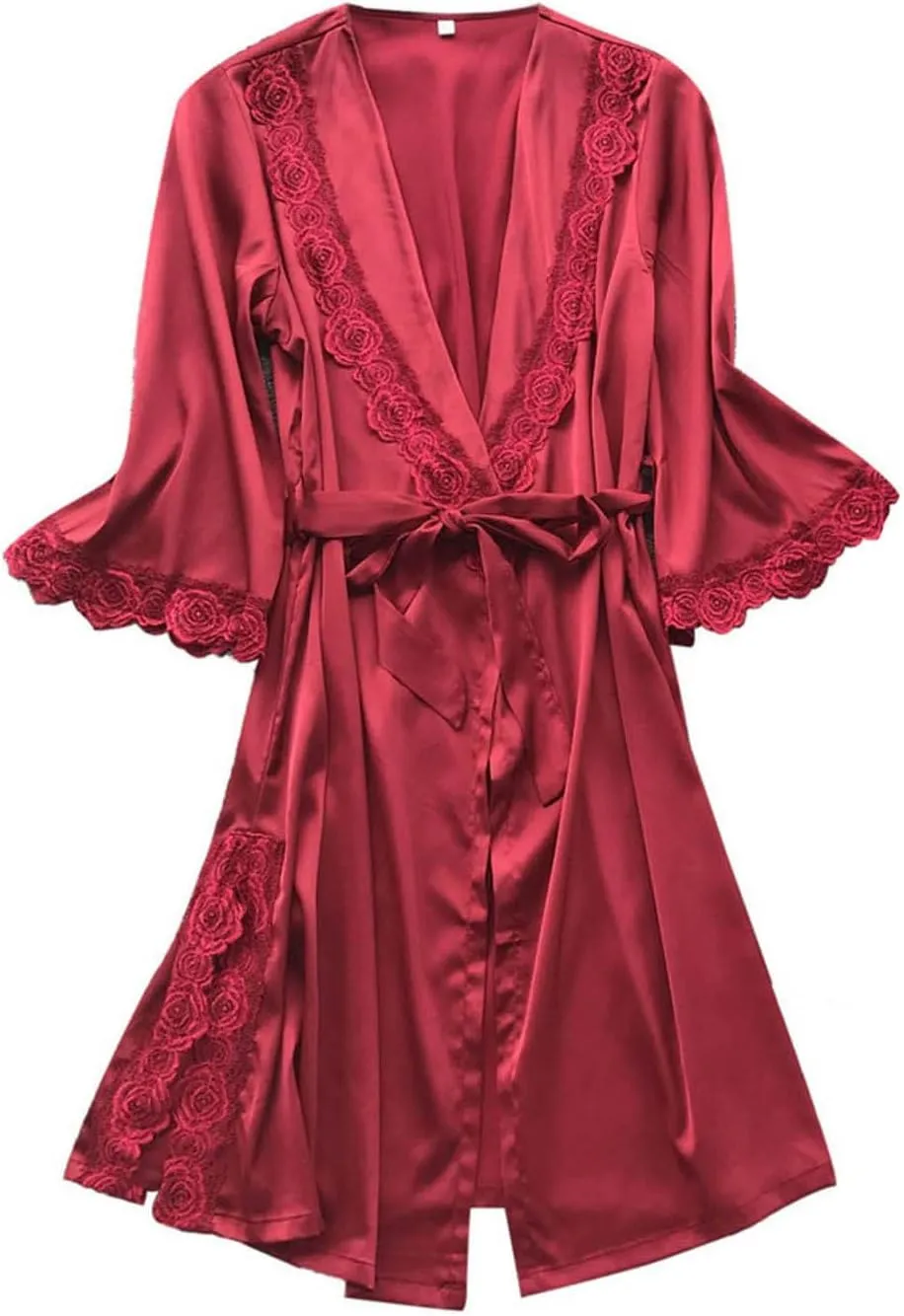 Womens Silk Satin Pajamas Set 4PCS Lace Trim Camisole Top and Shorts Pjs Set Robes with Nightgown Sleepwear Soft Cozy