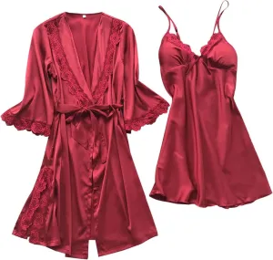 Womens Silk Satin Pajamas Set 4PCS Lace Trim Camisole Top and Shorts Pjs Set Robes with Nightgown Sleepwear Soft Cozy
