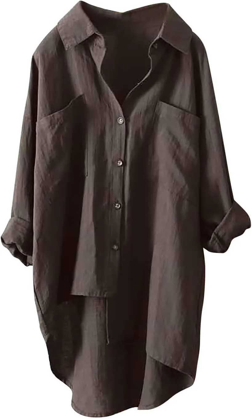 Women's Solid Color Shirts Business Single Breasted High Low Irregular Hem Long Sleeve Loose Blouse Office Work Tops