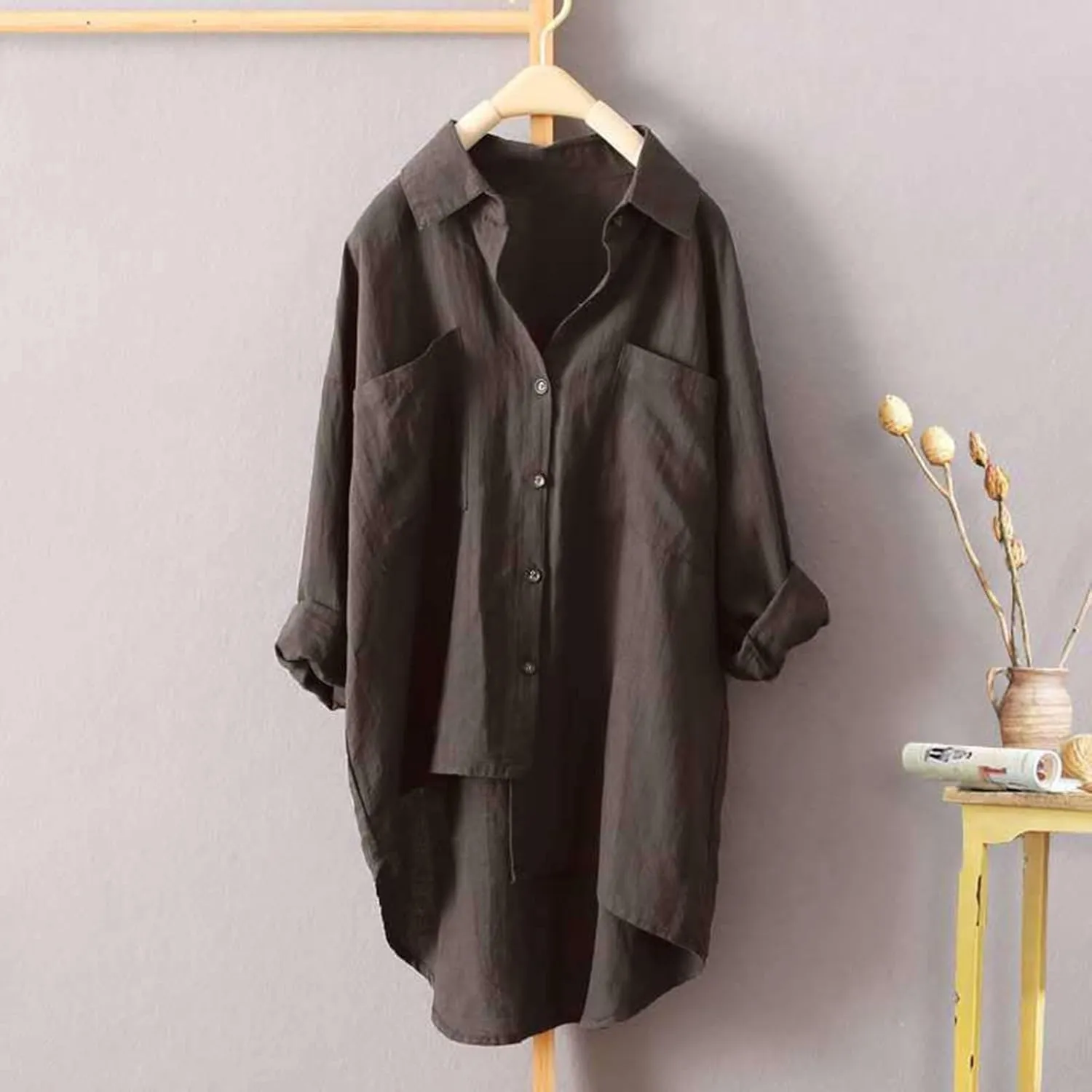 Women's Solid Color Shirts Business Single Breasted High Low Irregular Hem Long Sleeve Loose Blouse Office Work Tops