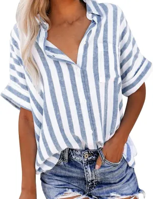 Womens Striped Button Down Shirts Cotton Linen Tunic Tops Short Sleeve Summer Blouses Beach Fashion Clothing 2025