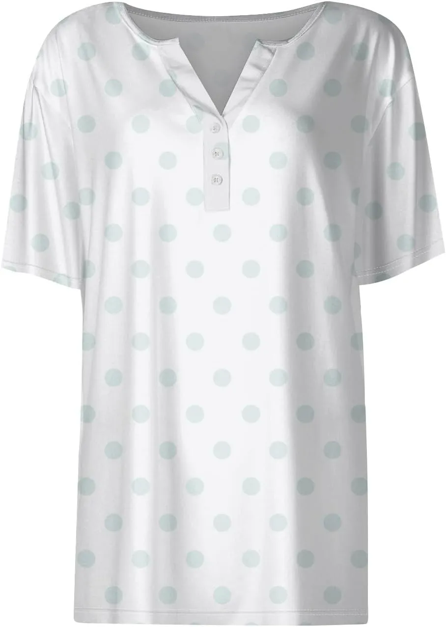 Women's Summer Casual Loose Tops V-Neck Short Sleeve Button Plaid Polka Dot Printed T-Shirt Plus, S-3XL