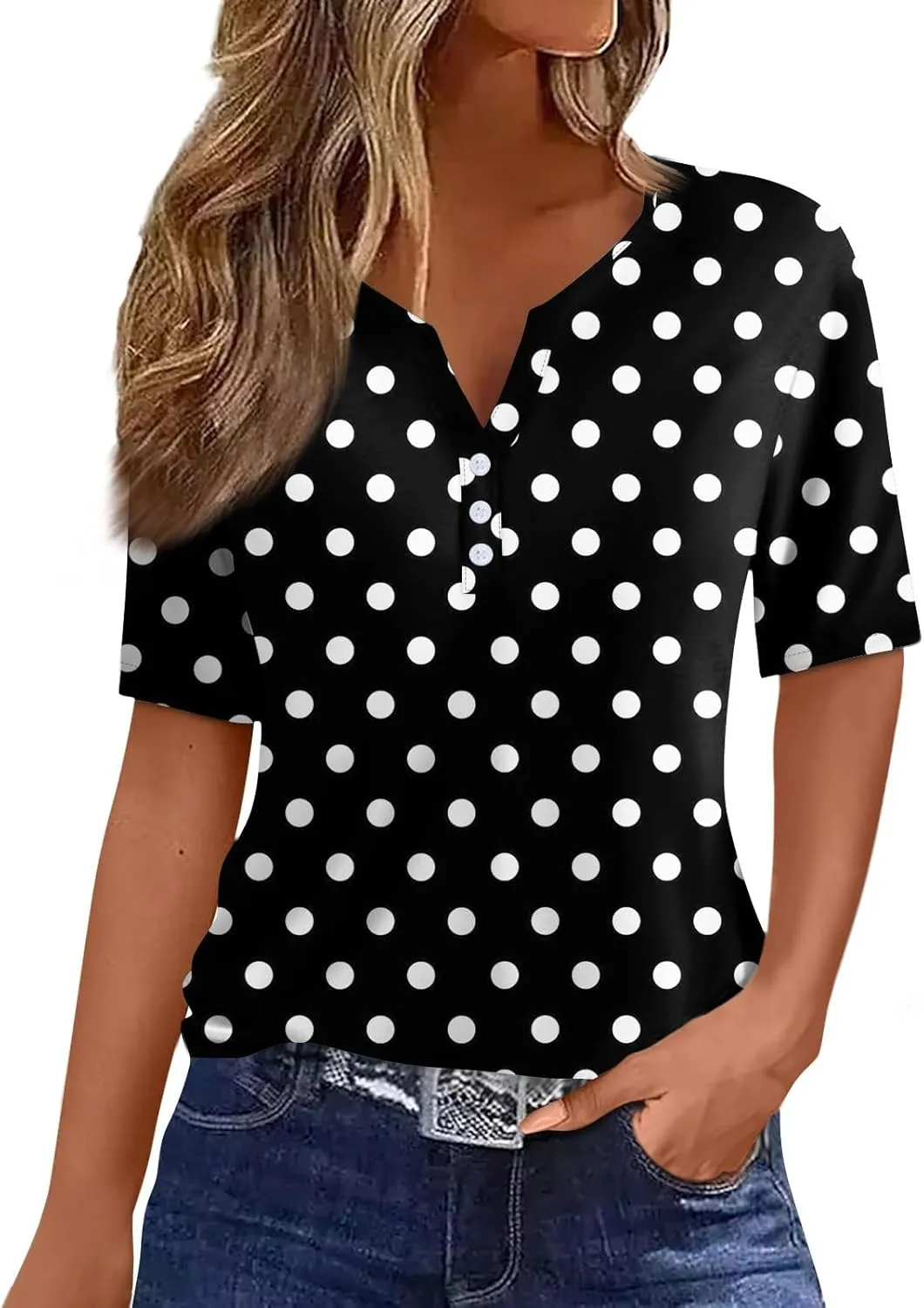 Women's Summer Casual Loose Tops V-Neck Short Sleeve Button Plaid Polka Dot Printed T-Shirt Plus, S-3XL