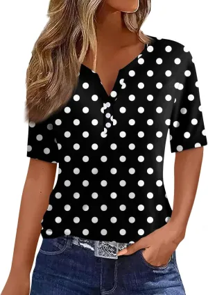 Women's Summer Casual Loose Tops V-Neck Short Sleeve Button Plaid Polka Dot Printed T-Shirt Plus, S-3XL