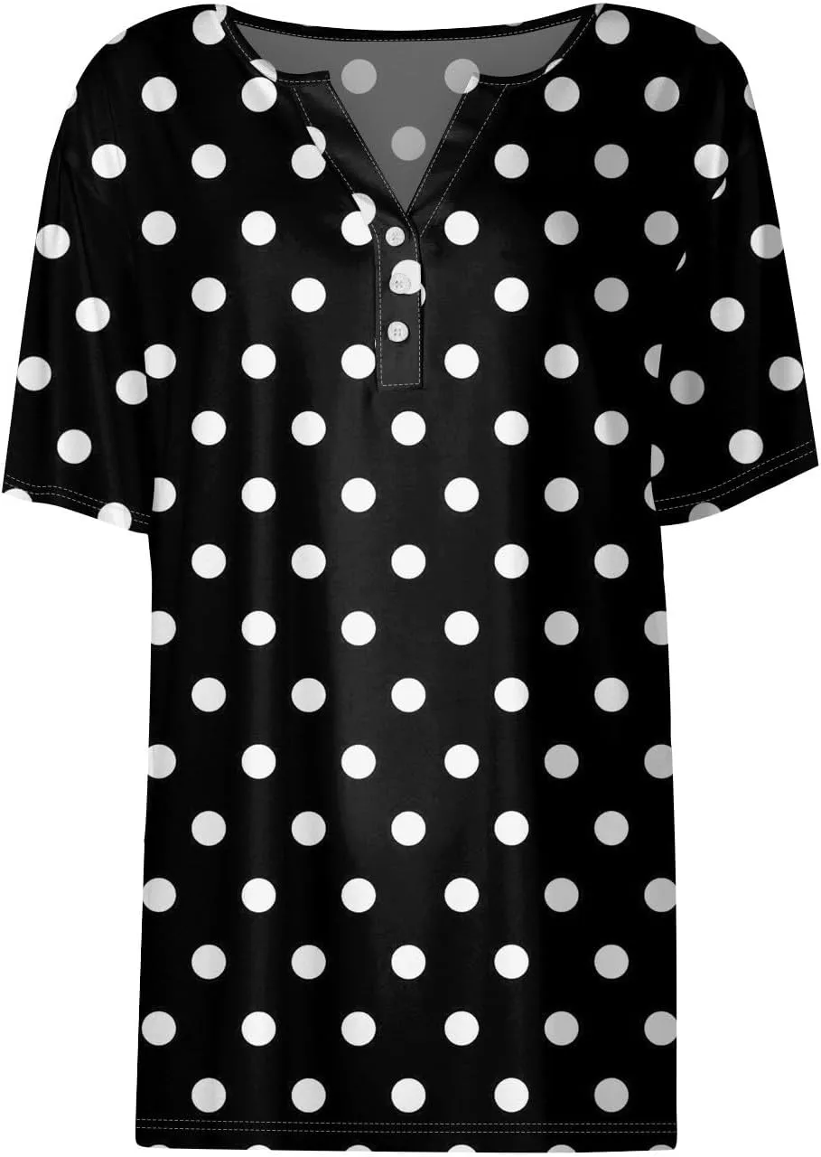 Women's Summer Casual Loose Tops V-Neck Short Sleeve Button Plaid Polka Dot Printed T-Shirt Plus, S-3XL