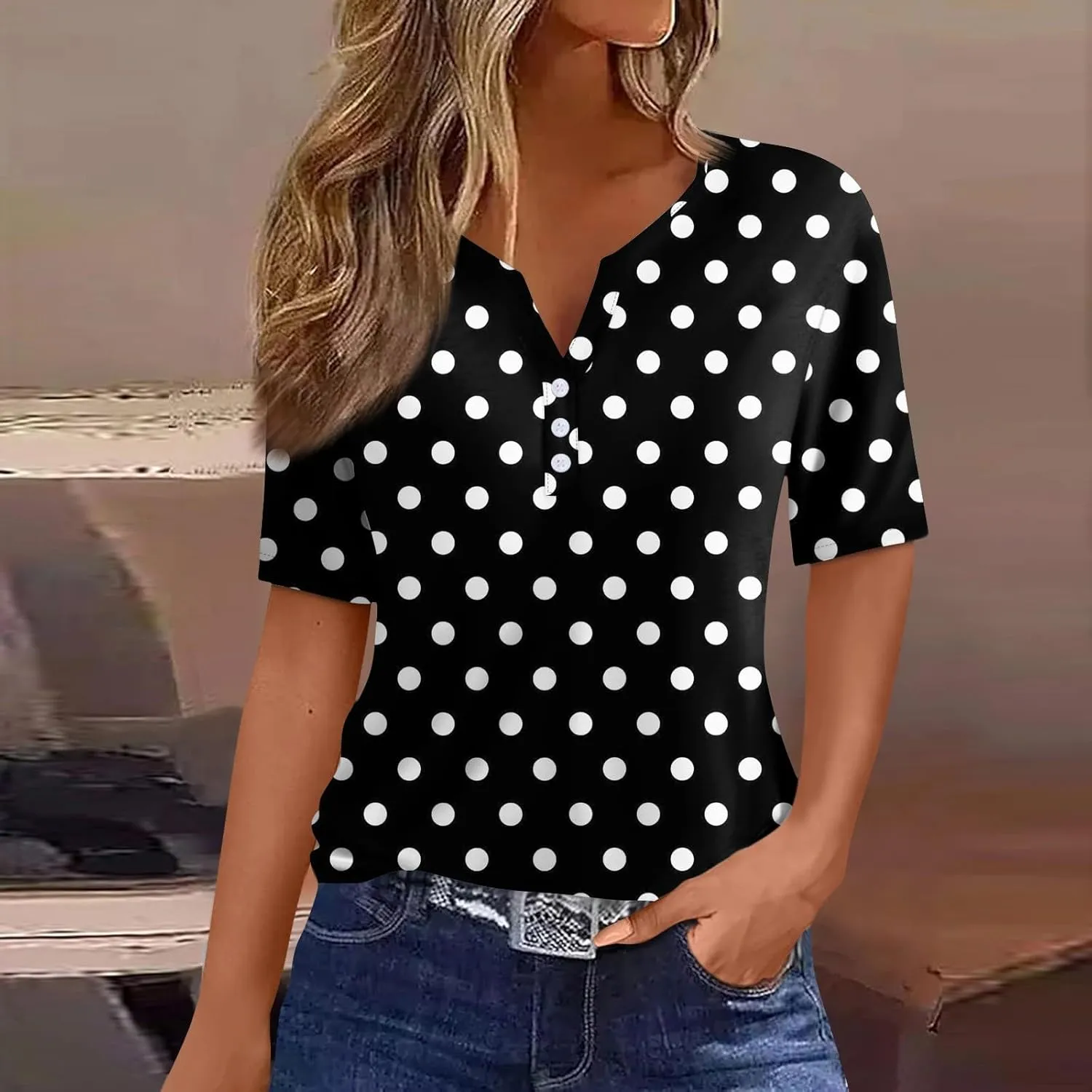 Women's Summer Casual Loose Tops V-Neck Short Sleeve Button Plaid Polka Dot Printed T-Shirt Plus, S-3XL