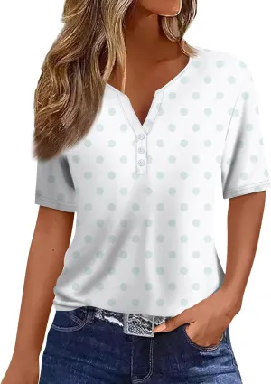 Women's Summer Casual Loose Tops V-Neck Short Sleeve Button Plaid Polka Dot Printed T-Shirt Plus, S-3XL