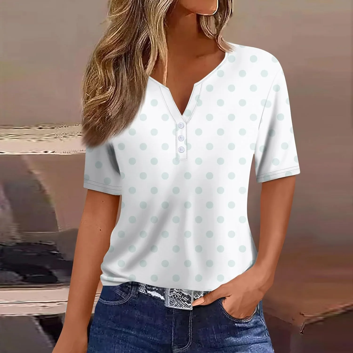 Women's Summer Casual Loose Tops V-Neck Short Sleeve Button Plaid Polka Dot Printed T-Shirt Plus, S-3XL