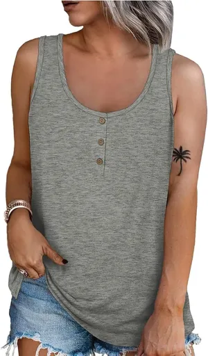 Womens Summer Tops 2023 Sleeveless Henley T-Shirts Tops Casual Button Down Tunics Holiday Going Out Tank Top Tee