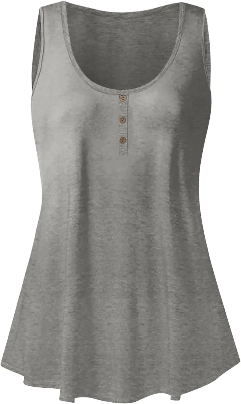 Womens Summer Tops 2023 Sleeveless Henley T-Shirts Tops Casual Button Down Tunics Holiday Going Out Tank Top Tee