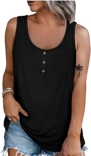 Womens Summer Tops 2023 Sleeveless Henley T-Shirts Tops Casual Button Down Tunics Holiday Going Out Tank Top Tee