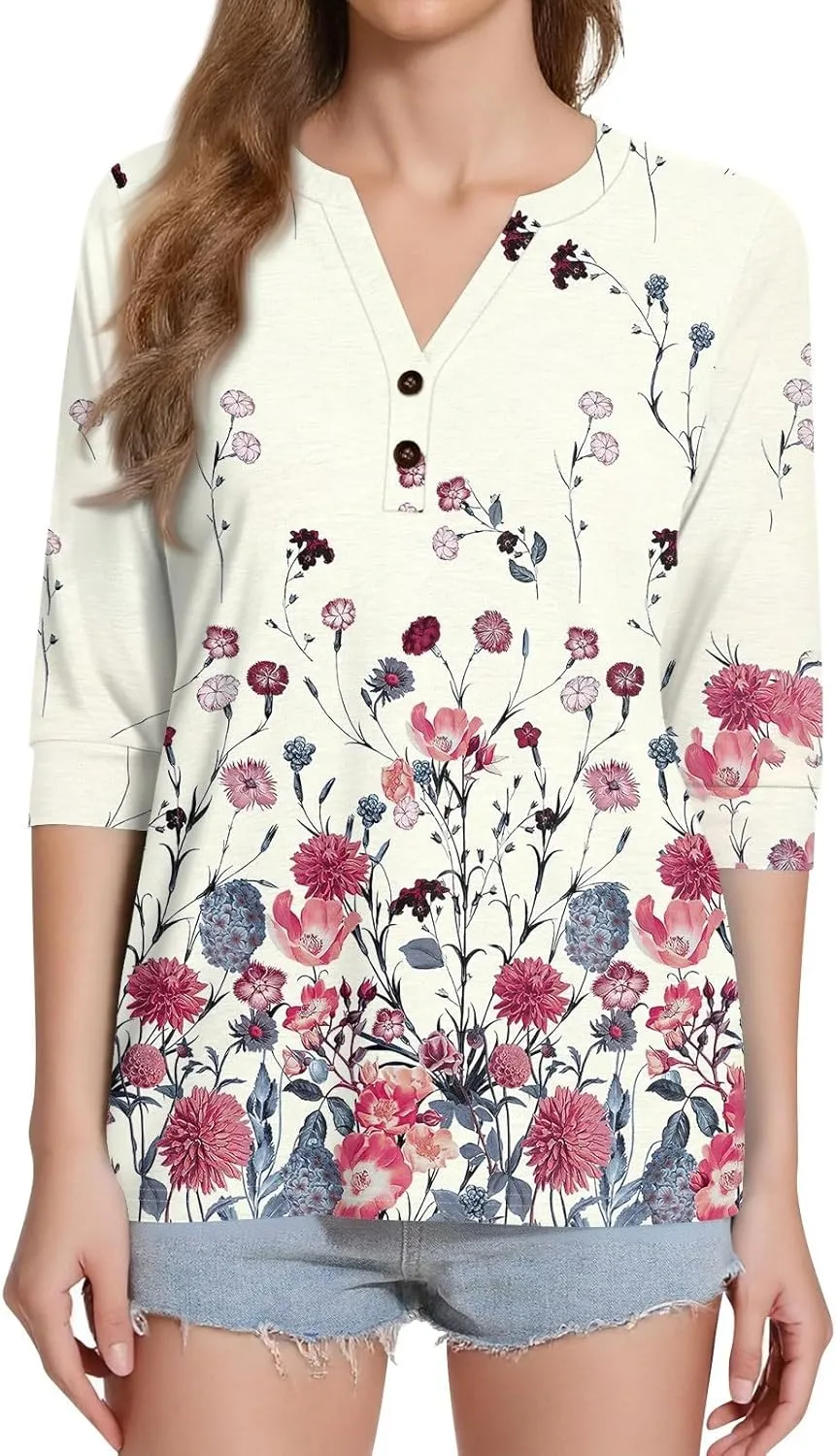 Womens Summer Tops 3/4 Length Sleeve V Neck Button Down Shirts Business Casual Outfit Basic Loose Fit Tees