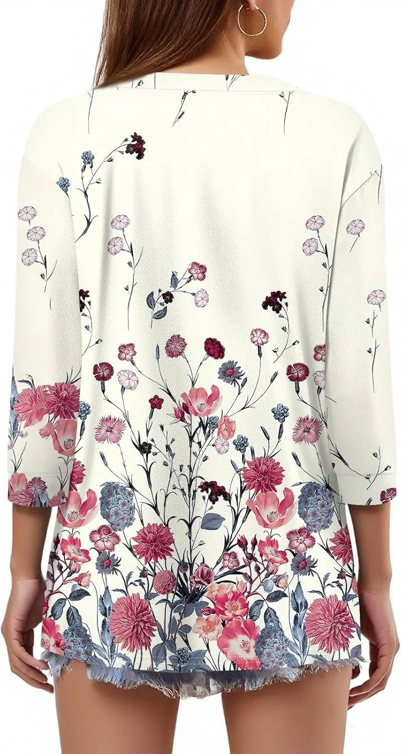 Womens Summer Tops 3/4 Length Sleeve V Neck Button Down Shirts Business Casual Outfit Basic Loose Fit Tees