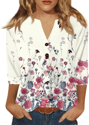 Womens Summer Tops 3/4 Length Sleeve V Neck Button Down Shirts Business Casual Outfit Basic Loose Fit Tees