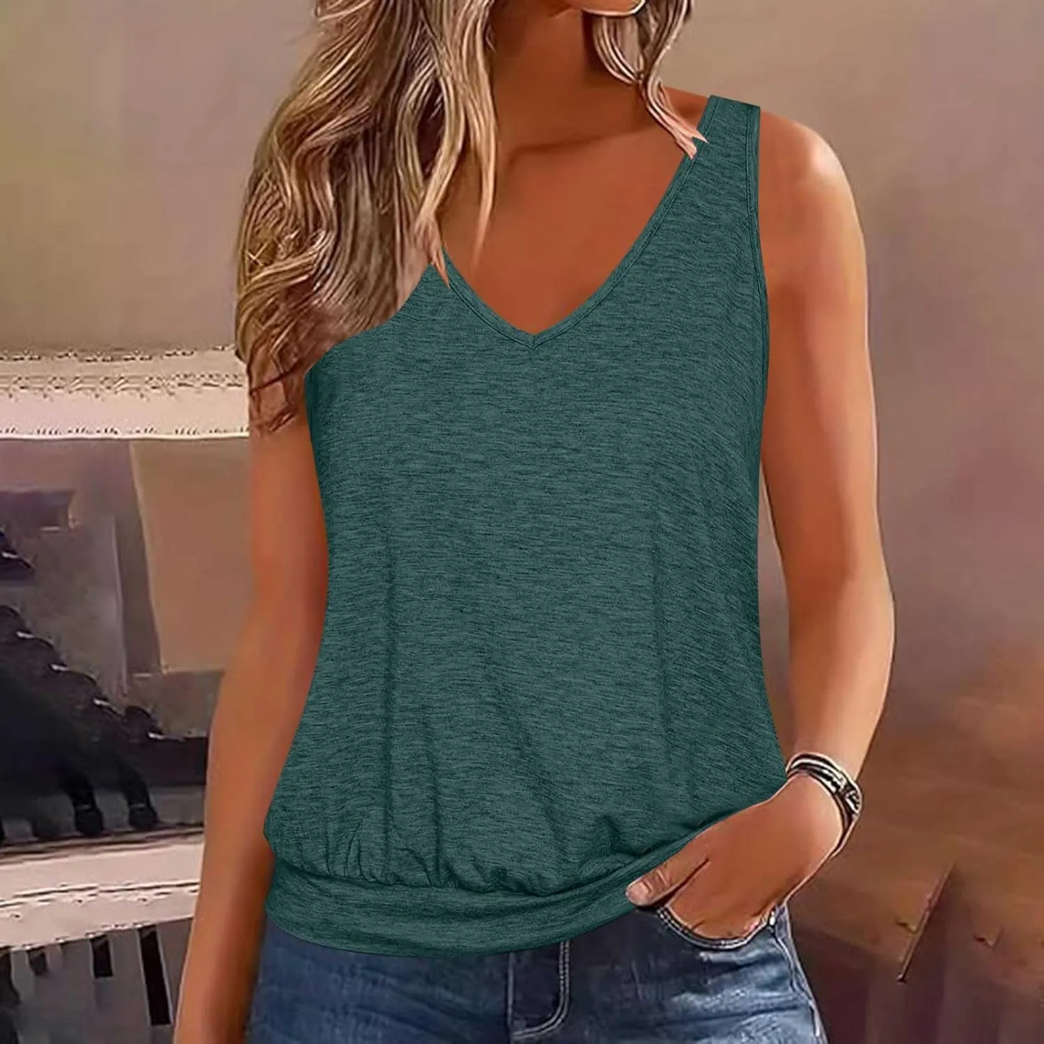 Womens Summer Tops Dressy Casual Banded Bottom Tank Tops Loose Fit V Neck Sleeveless Solid Basic Tee Shirts Blouses